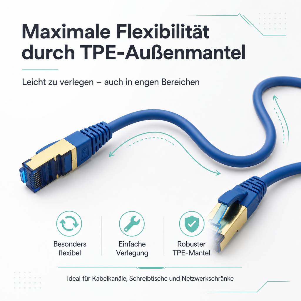 Werbegrafik eines blauen Ethernetkabels mit Text 'Maximale Flexibilität durch TPE-Außenmantel' und 'Leicht zu verlegen – auch in engen Bereichen'; Icons betonen flexible, einfache, robuste Verlegung.