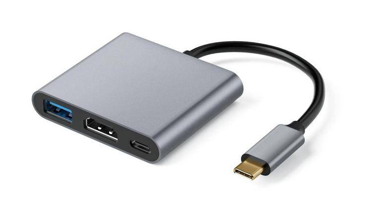 Ein grauer USB-C-auf-HDMI-Adapter mit einem kurzen schwarzen Kabel, ausgestattet mit einem HDMI- und einem USB-C-Anschluss zum Verbinden von Geräten.