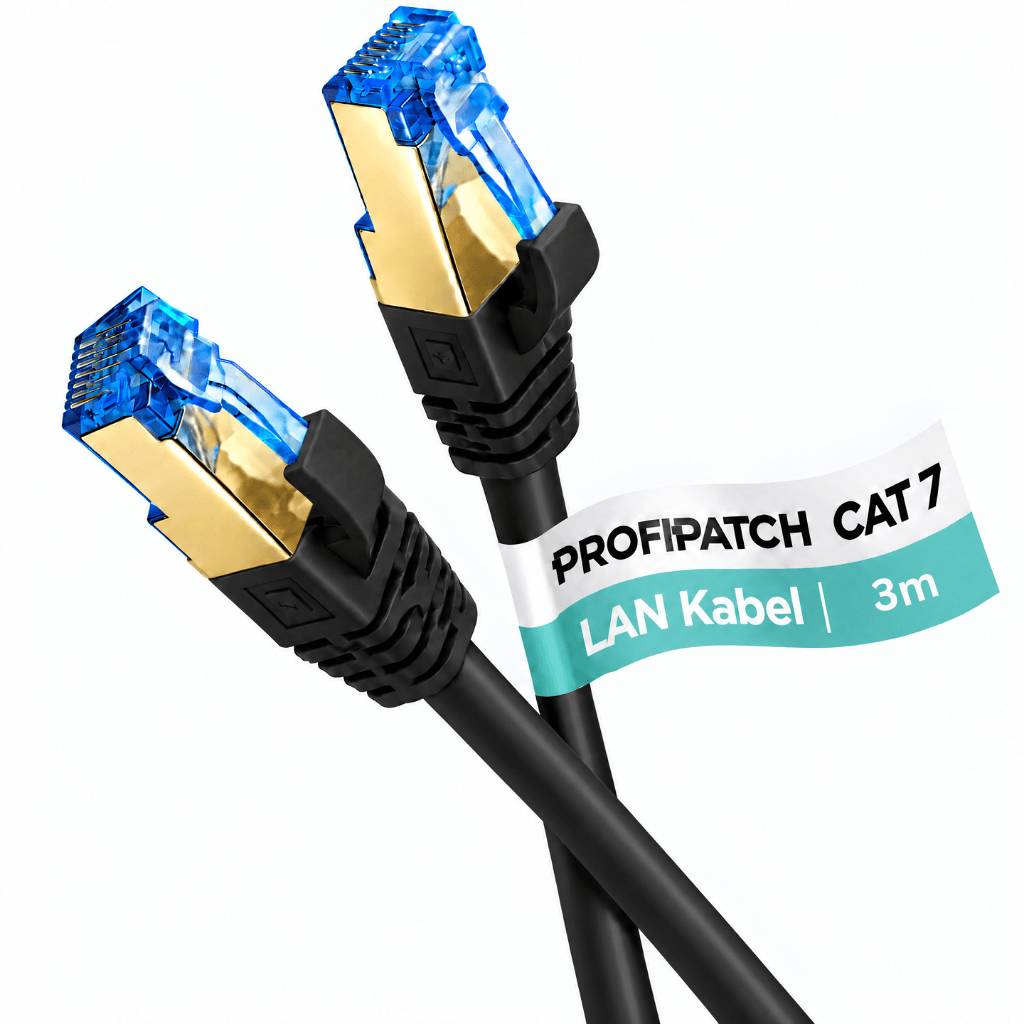 Zwei schwarze Ethernet-Kabel mit blauen Steckern mit der Bezeichnung „PROFIPATCH CAT7 LAN Kabel | 3m