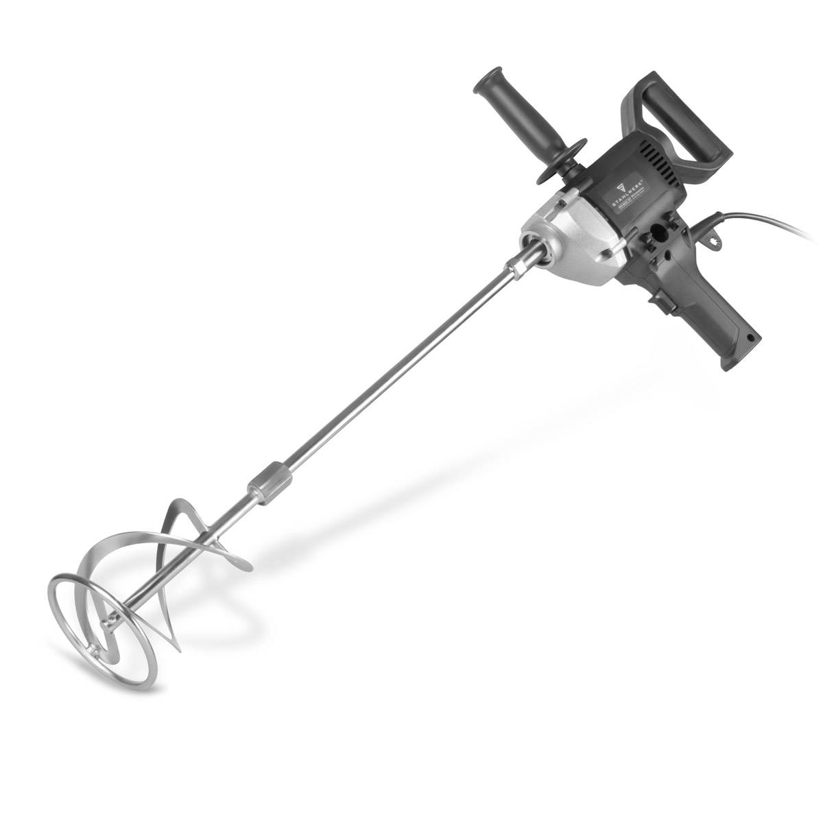 Ein elektrischer Farbmischer mit einem langen Metallmischrührer und einem Schraubenflügel, entwickelt zum Mischen von Farbe oder ähnlichen Materialien.