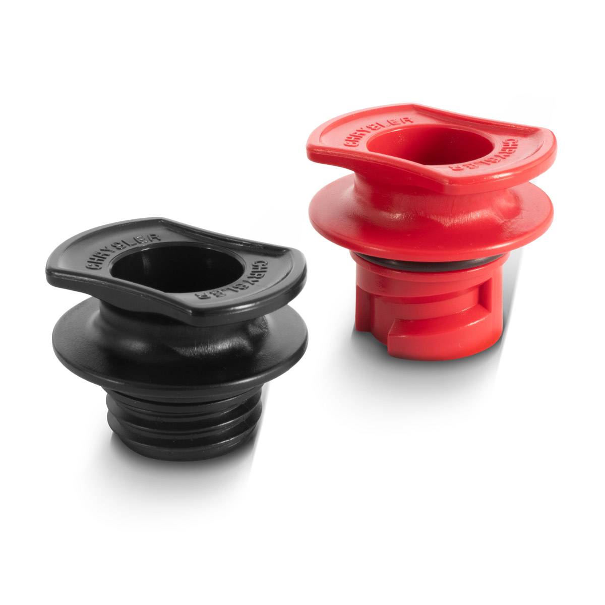 Zwei Vakuumverschlussstopfen, einer schwarz und einer rot, entwickelt um die Frische von Wein zu bewahren, indem Luft aus der Flasche entfernt wird.