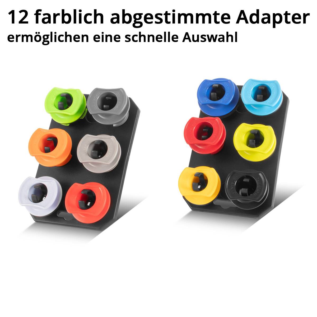 „12 farblich abgestimmte Adapter ermöglichen eine schnelle Auswahl