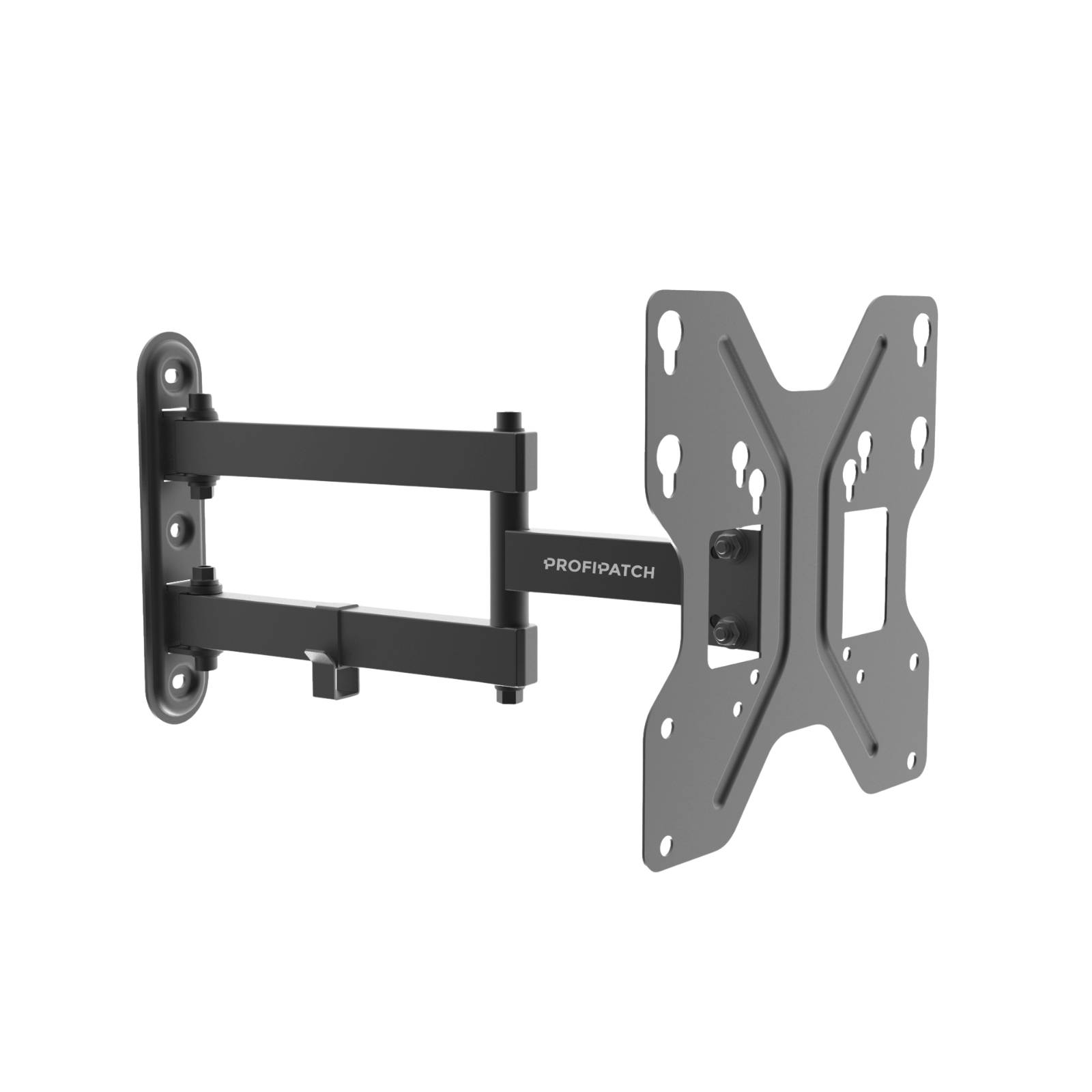 Eine schwarze verstellbare Wandhalterung für einen Flachbildfernseher oder Monitor mit einem schwenkbaren Arm für verschiedene Betrachtungswinkel.