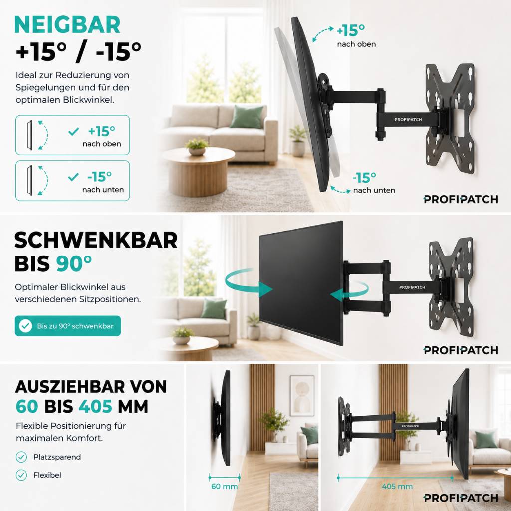ProfiPatch TV Wandhalterung Fernseher für 17-42 Zoll, Fernseher Halterung schwenkbar &amp; neigbar Vesa 200x200mm, TV Halterung bis 30kg schwarz