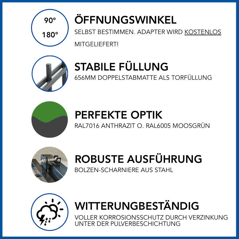 Öffnungswinkel 90°-180°, Adapter kostenlos. Stabile Füllung 656mm, doppelseitig. Perfekte Optik RAL7016/RAL6005. Robuste Ausführung, Stahl. Witterungsbeständig, voll Korrosionsschutz.