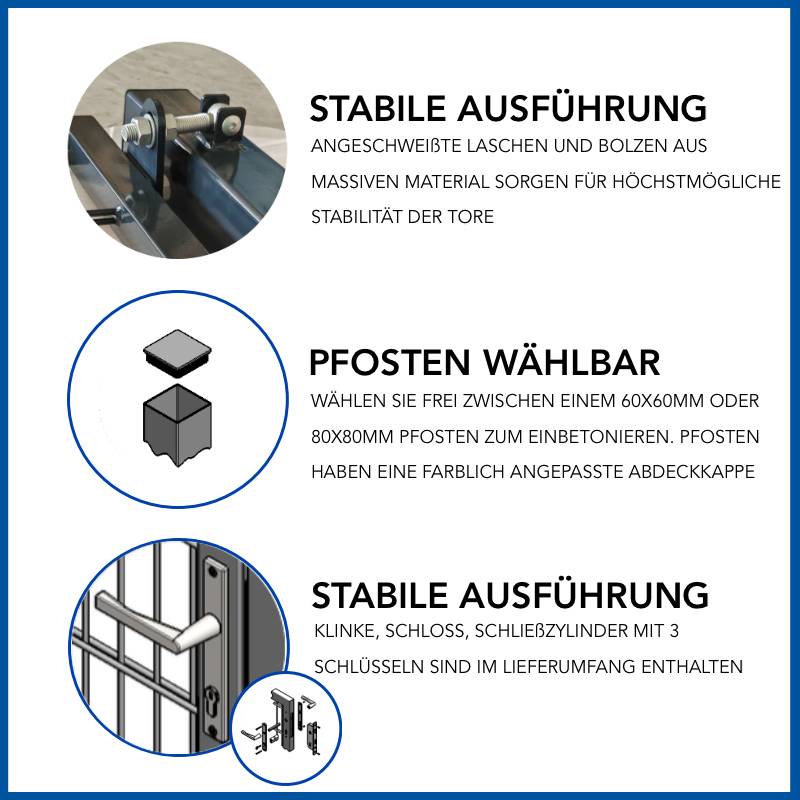 Das Bild beschreibt Merkmale eines Tores und hebt die langlebige Konstruktion mit geschweißten Teilen hervor, optionale Pfostengr­öße (60x60mm oder 80x80mm) und beinhaltet ein Schloss und drei Schlüssel.