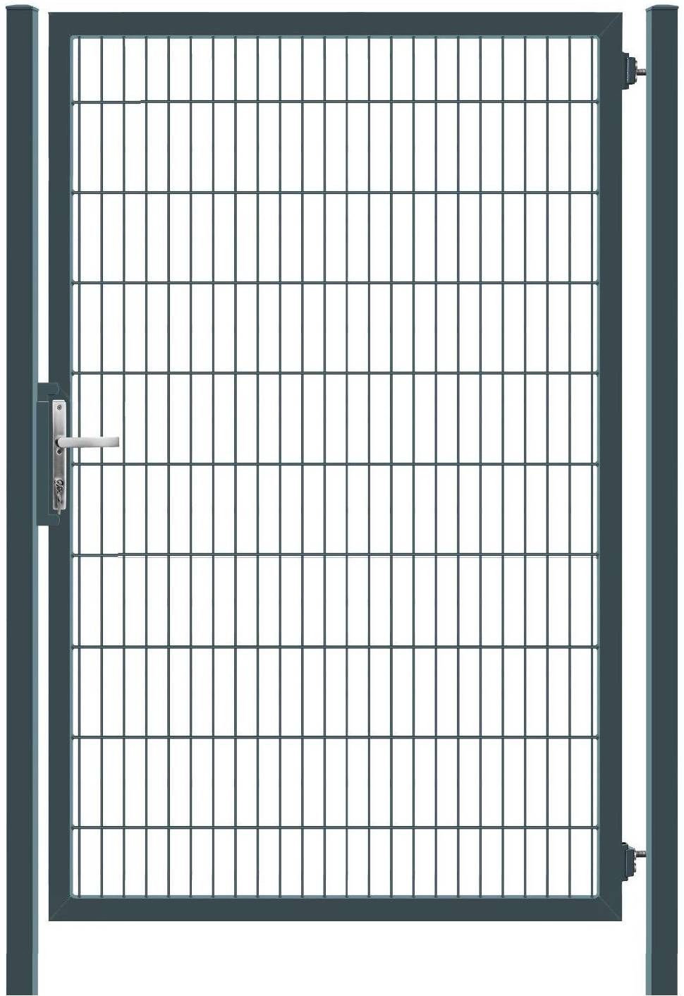 Stahlgitter-Sicherheitstor mit vertikalen und horizontalen Stäben, mit einem Hebelgriff auf der linken Seite.