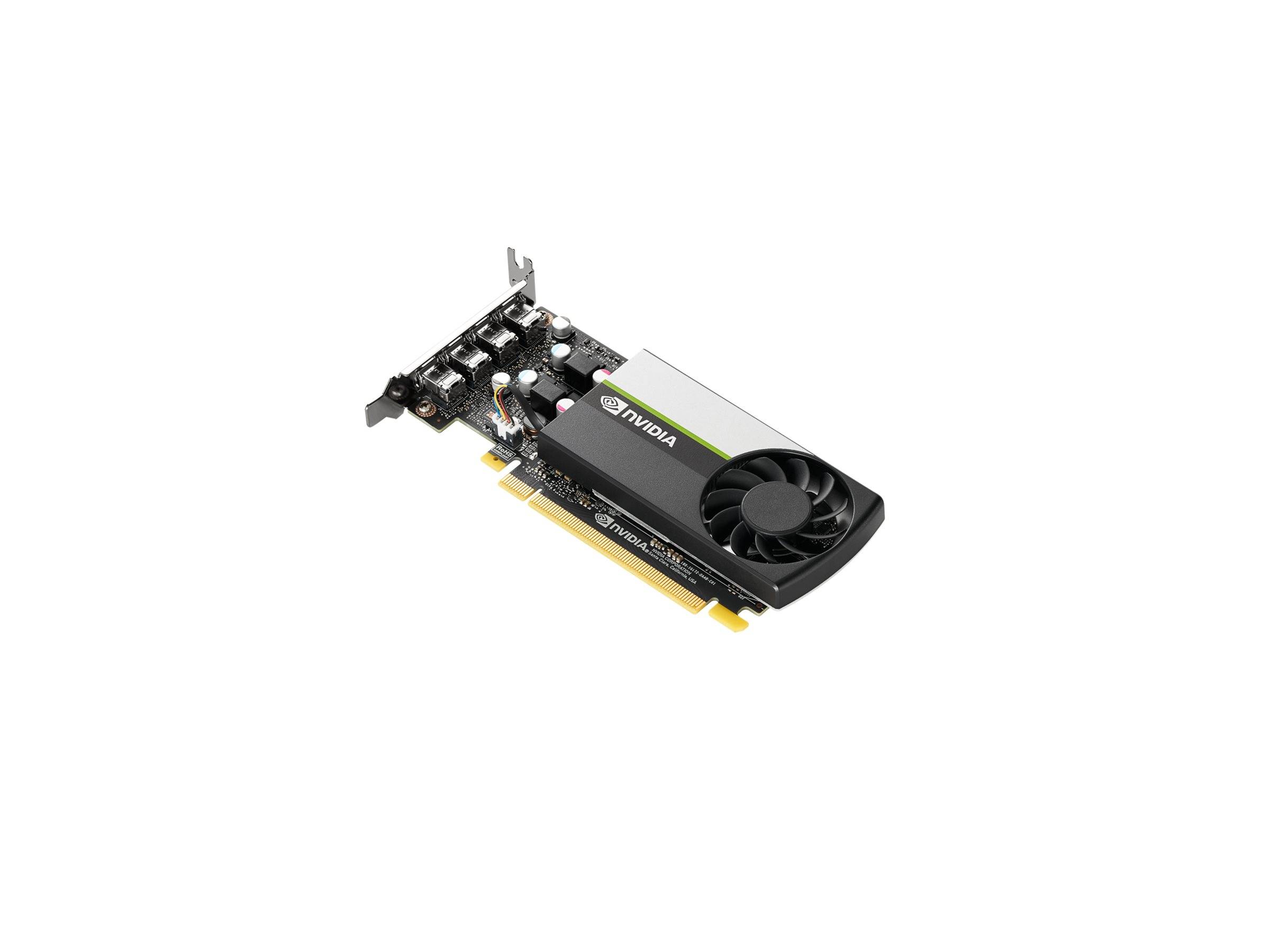 NVIDIA GeForce Grafikkarte mit einzelnem Lüfter und Anzeigeports, auf weißem Hintergrund dargestellt.