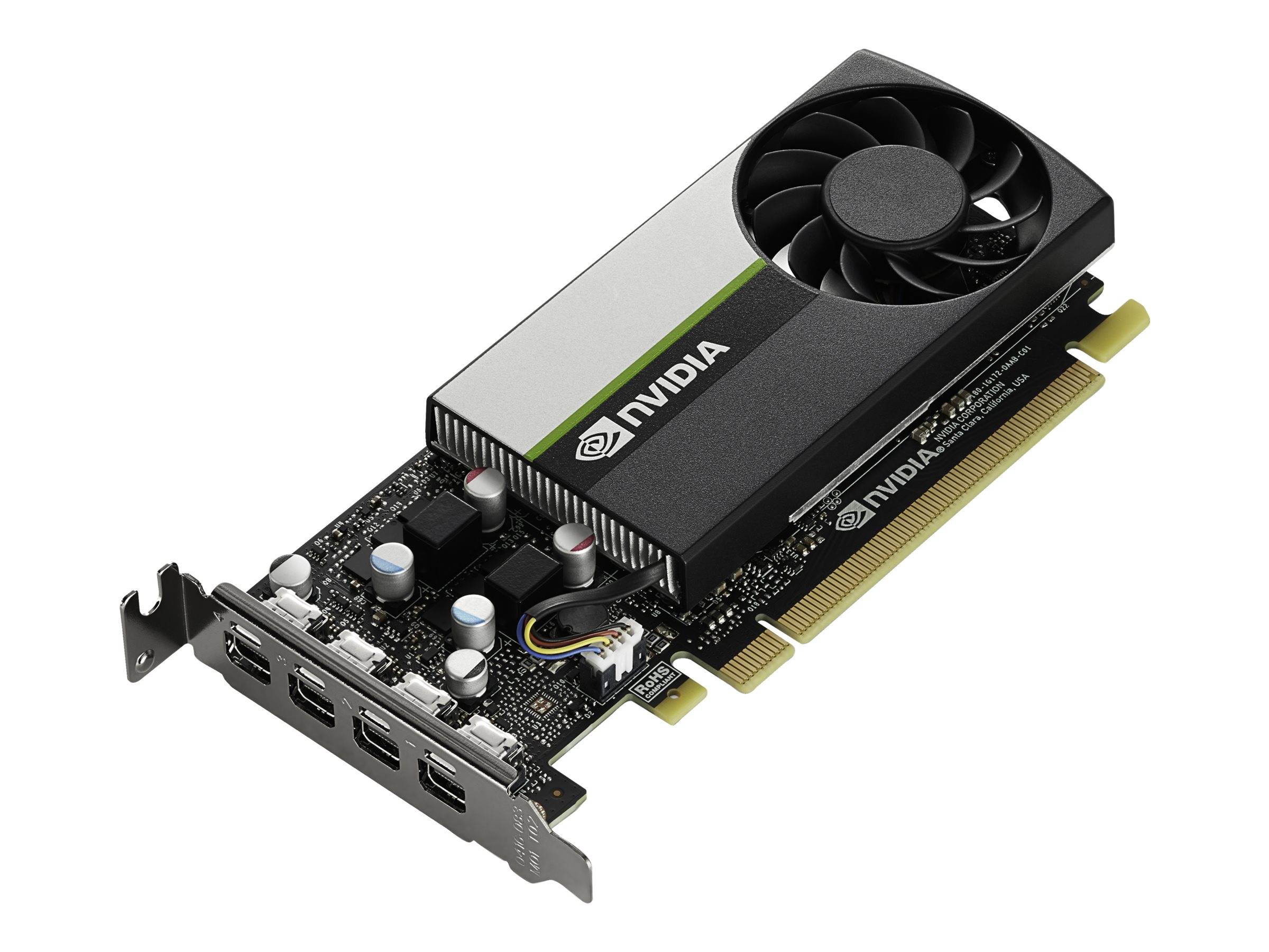 NVIDIA-Grafikkarte mit Kühlgebläse und mehreren Anzeigeports auf der Halterung, auf weißem Hintergrund dargestellt.