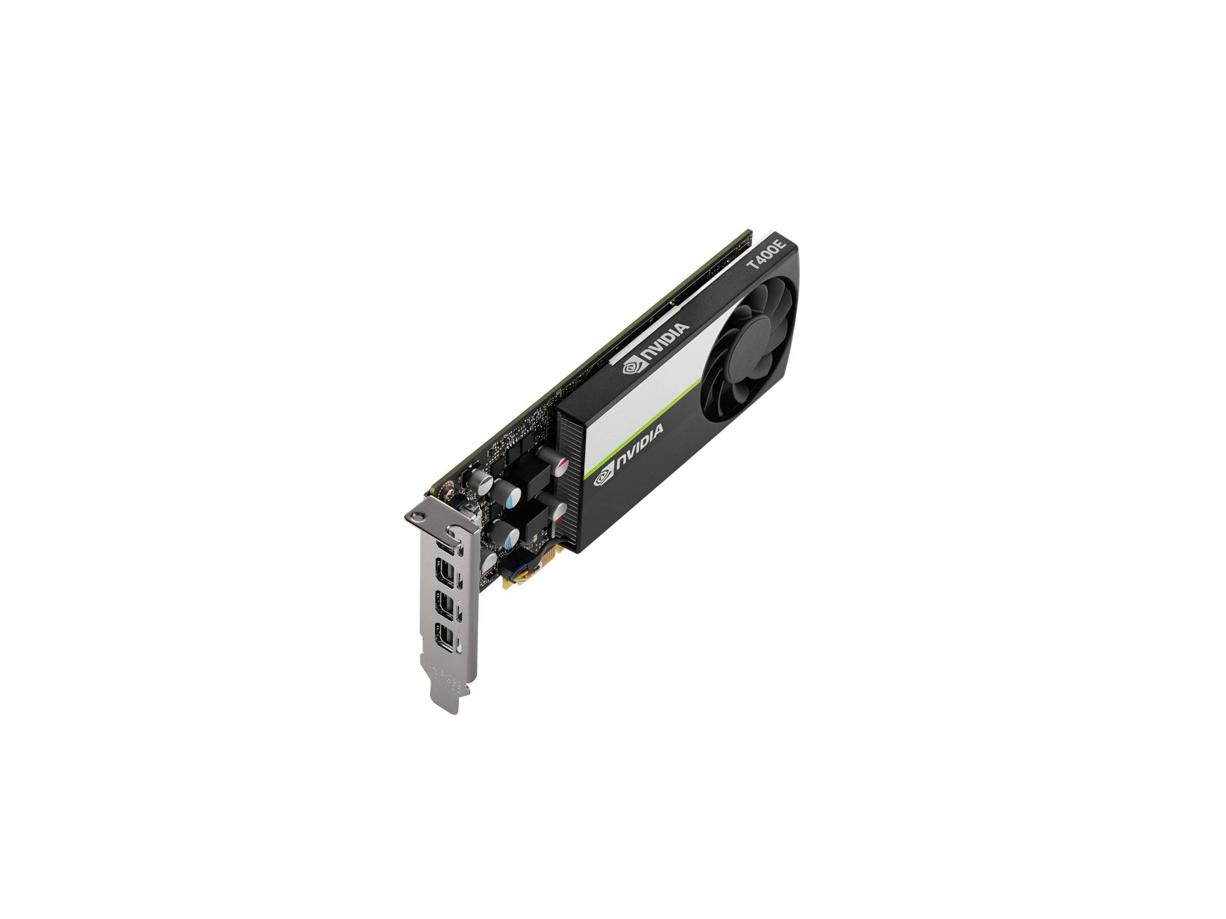 NVIDIA Turing Grafikkarte mit einzelnem Kühlventilator und Metallhalterung, dargestellt auf weißem Hintergrund.