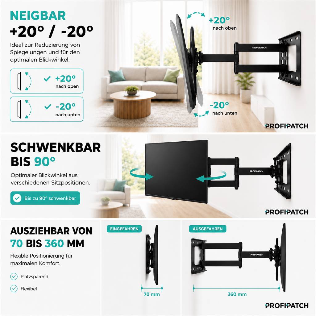 ProfiPatch TV Wandhalterung Fernseher für 23-60 Zoll Fernseher Halterung schwenkbar &amp; neigbar Vesa 400x400mm TV Halterung bis 45kg schwarz