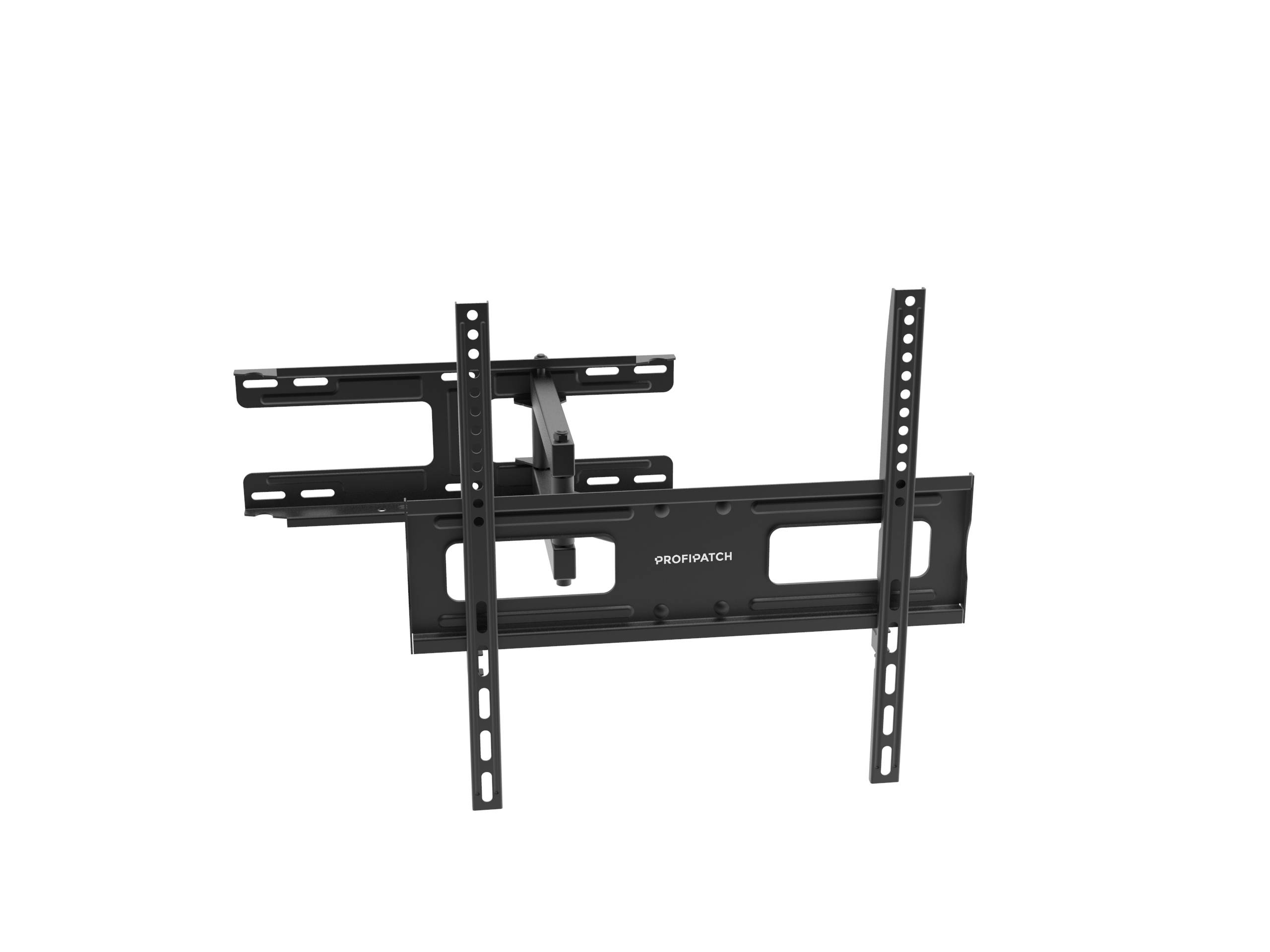 Eine schwarze, verstellbare, wandmontierte TV-Halterung für Flachbildfernseher, die Neigen und Schwenken in verschiedene Winkel ermöglicht.