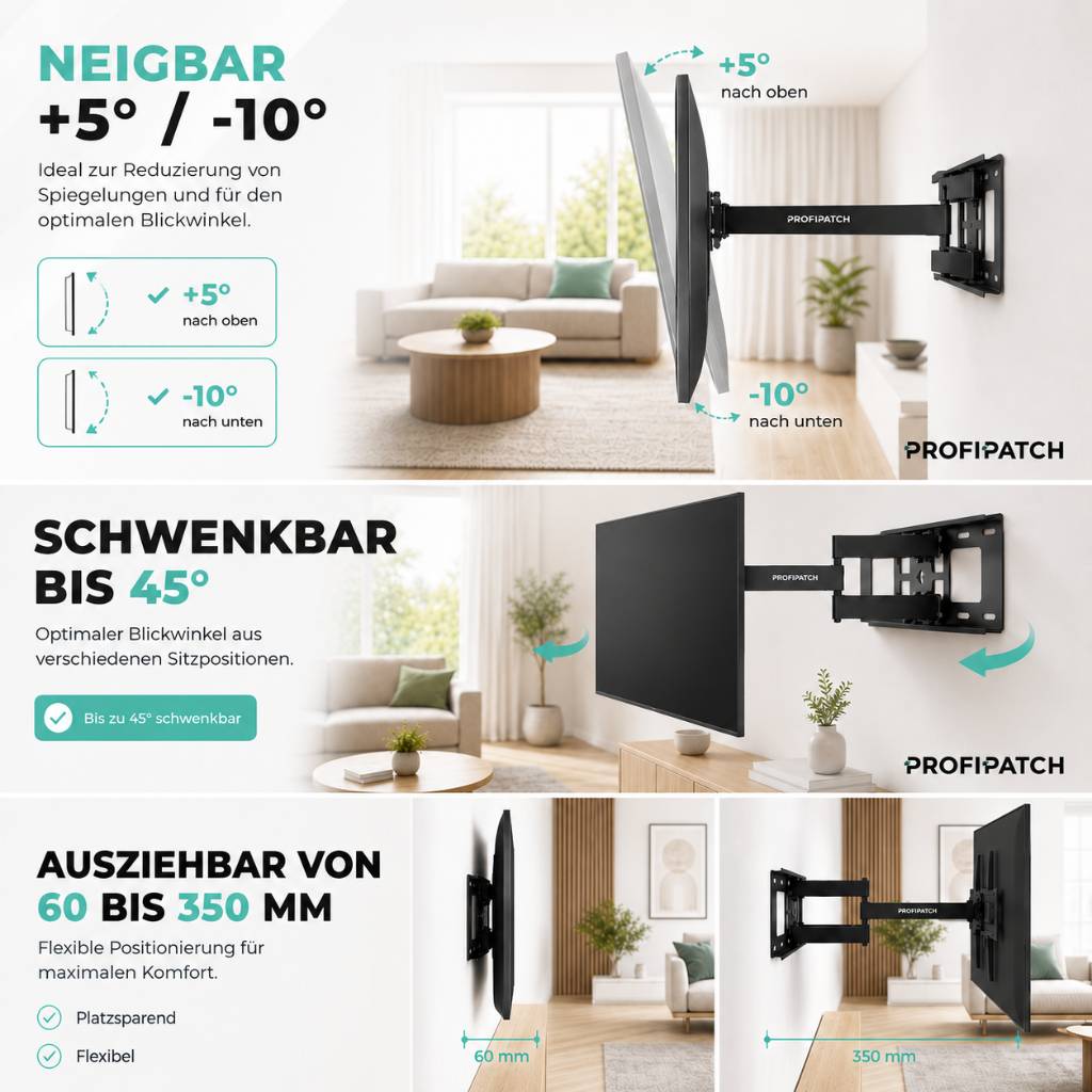 ProfiPatch TV Wandhalterung Fernseher für 37-75 Zoll, Fernseher Halterung schwenkbar &amp; neigbar Vesa 600x400mm, TV Halterung bis 45kg schwarz