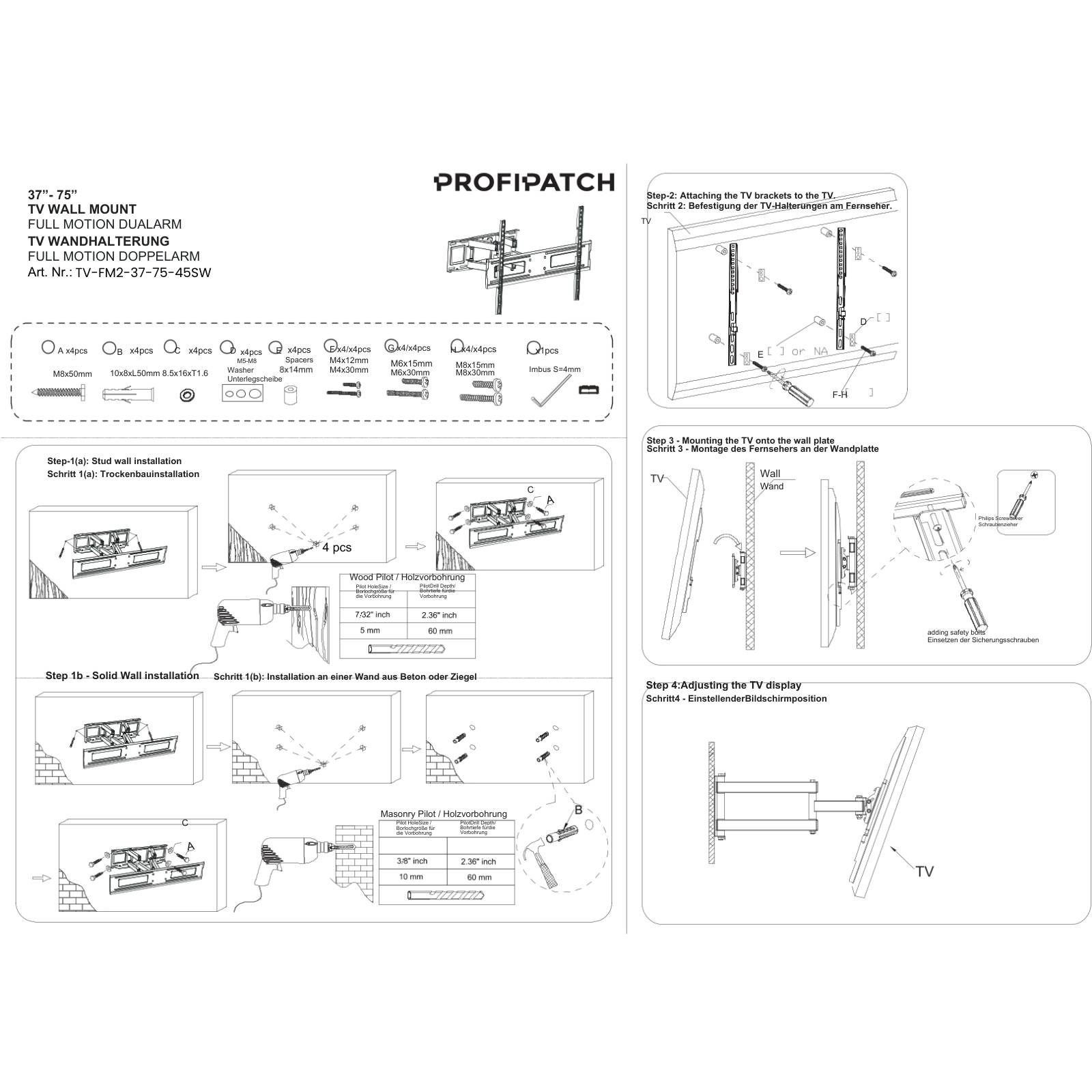 ProfiPatch TV Wandhalterung Fernseher für 37-75 Zoll, Fernseher Halterung schwenkbar & neigbar Vesa 600x400mm, TV Halterung bis 45kg schwarz