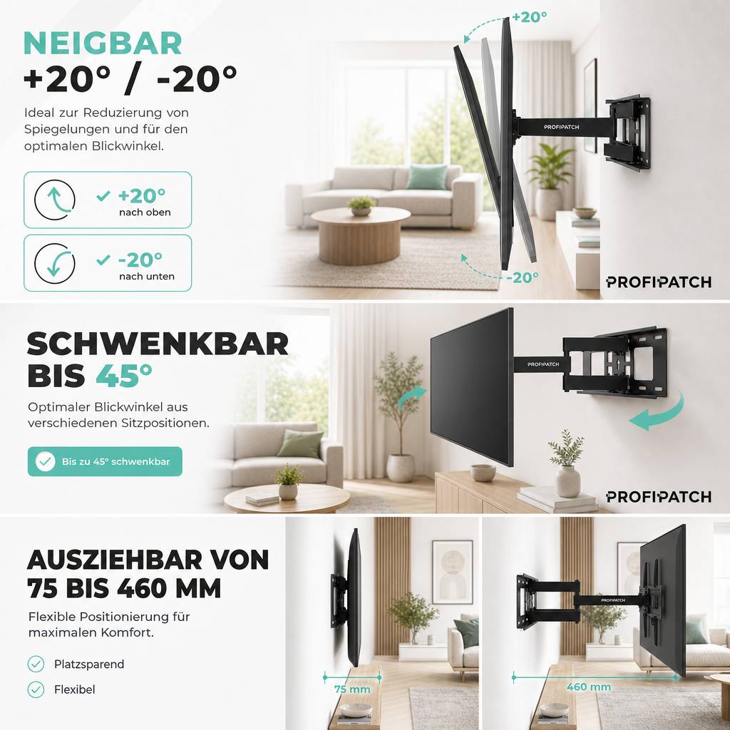 ProfiPatch TV Wandhalterung Fernseher für 37-75 Zoll, Fernseher Halterung für einen Monitor schwenkbar &amp; neigbar Vesa 600x400mm, TV Halterung bis 60