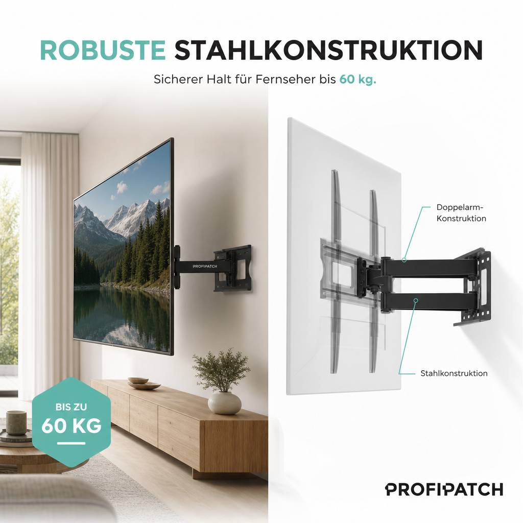 ProfiPatch TV Wandhalterung Fernseher für 37-75 Zoll, Fernseher Halterung für einen Monitor schwenkbar &amp; neigbar Vesa 600x400mm, TV Halterung bis 60