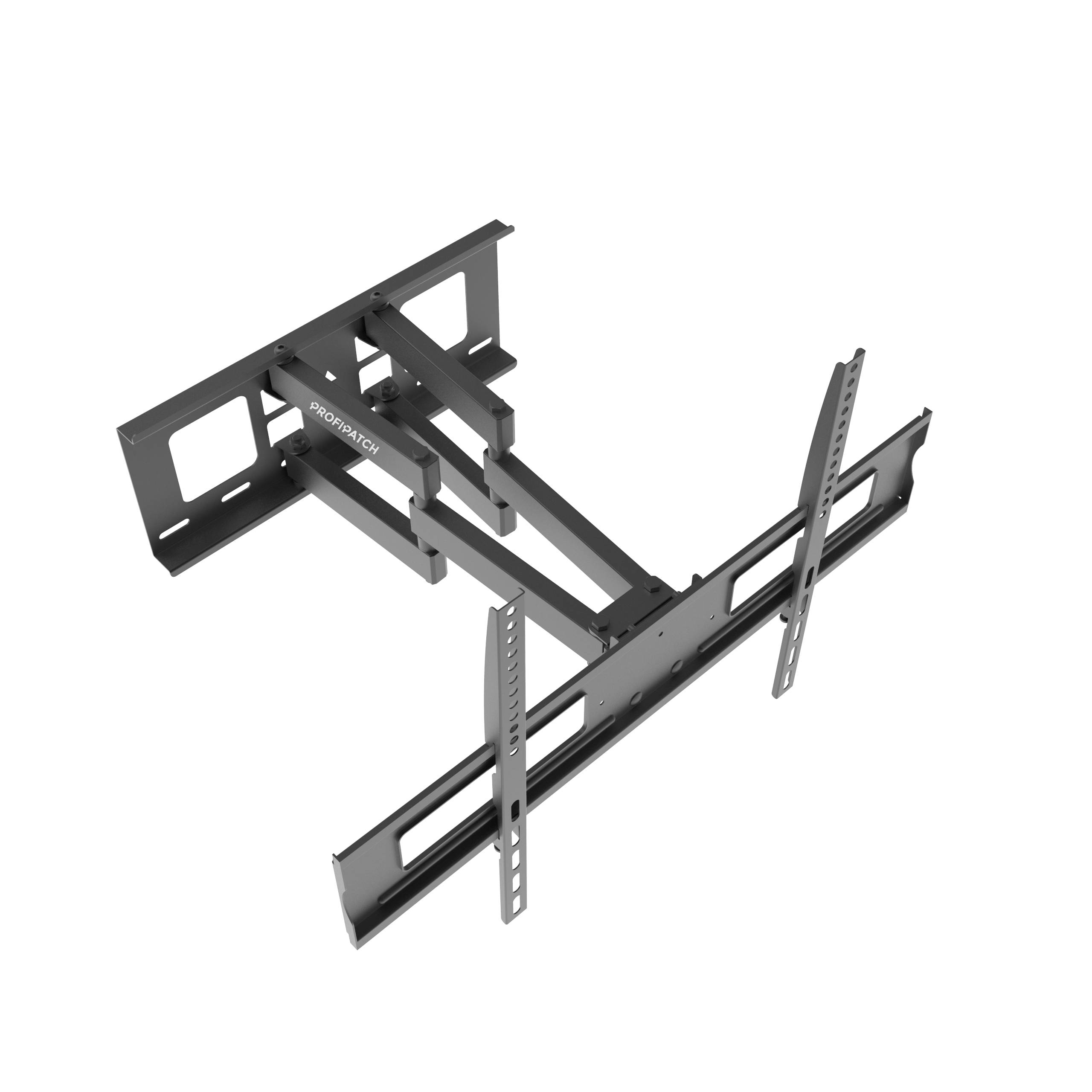 Eine Metall-TV-Wandhalterung mit verstellbaren Halterungen wird vor schwarzem Hintergrund angezeigt.