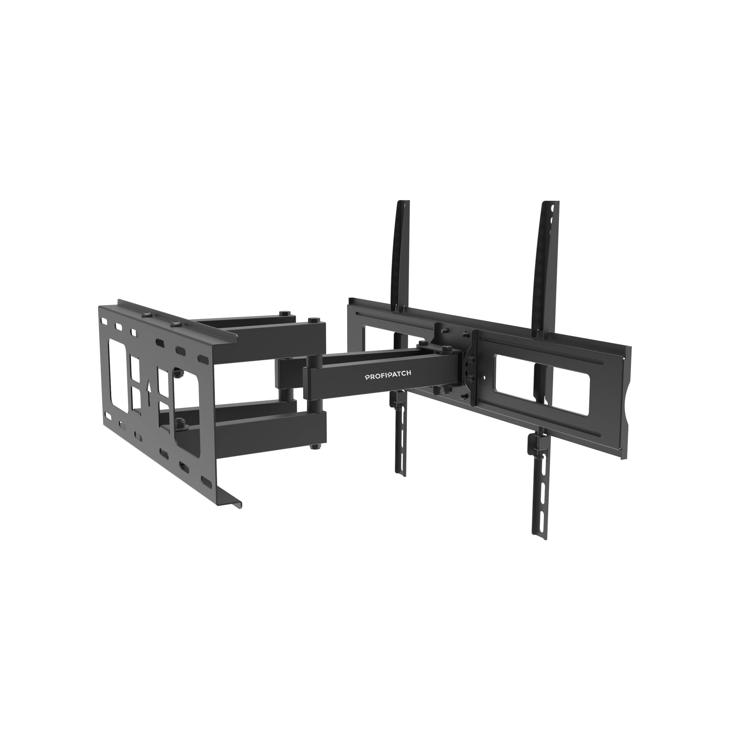 Schwarze TV-Wandhalterung mit verstellbaren Armen, entwickelt für eine sichere Flachbildfernseh-Installation, mit robuster Metallkonstruktion.