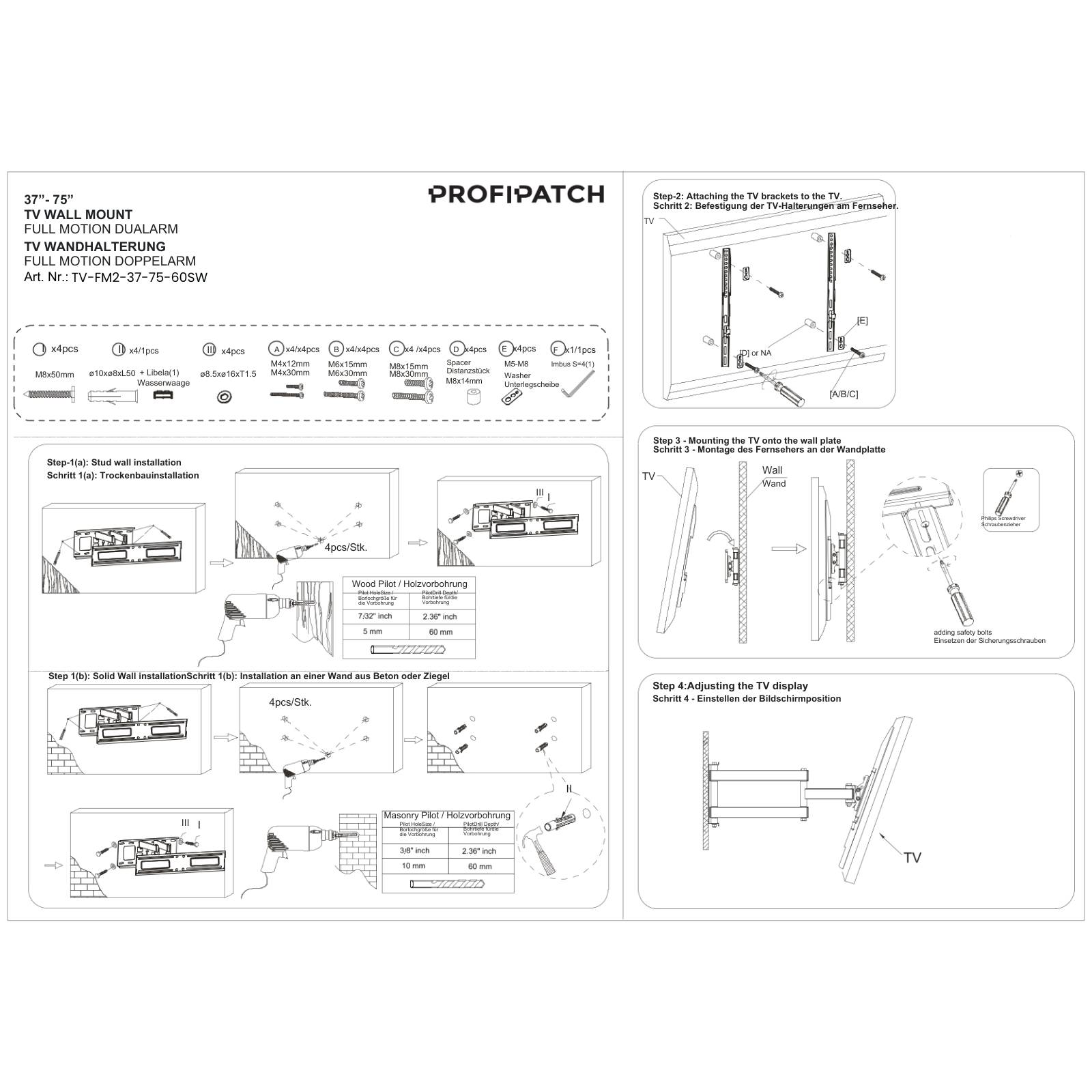 ProfiPatch TV Wandhalterung Fernseher für 37-75 Zoll, Fernseher Halterung für einen Monitor schwenkbar & neigbar Vesa 600x400mm, TV Halterung bis 60