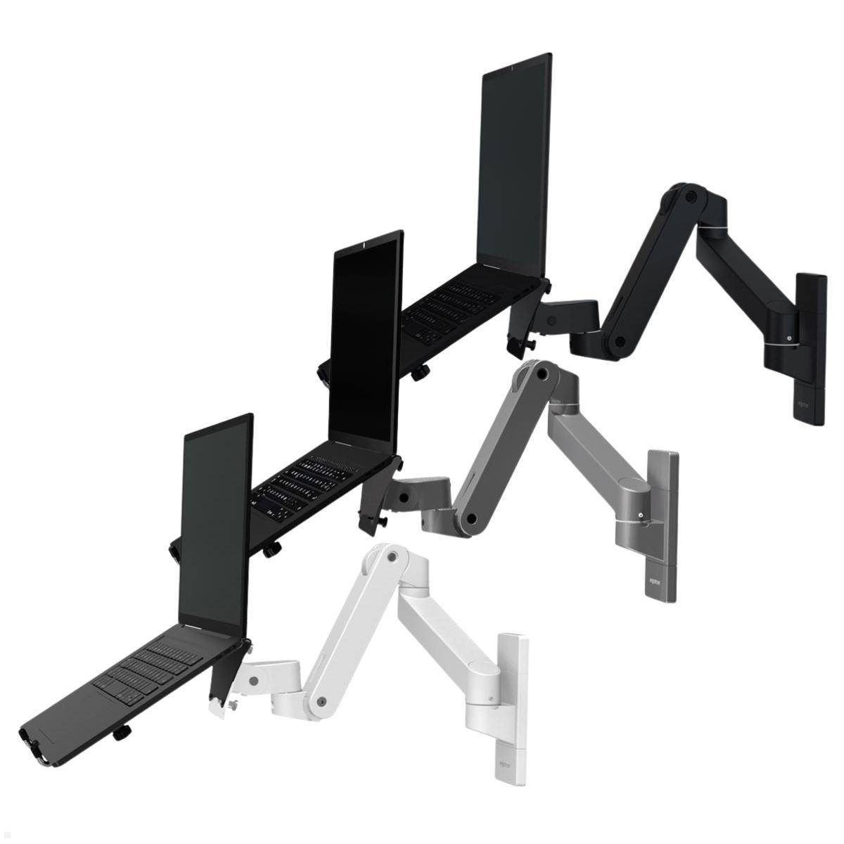 Computermonitore, die auf verstellbaren, gelenkigen Armen in Schwarz und Weiß montiert sind, zeigen verschiedene Winkel und Positionen für ergonomische Setups.