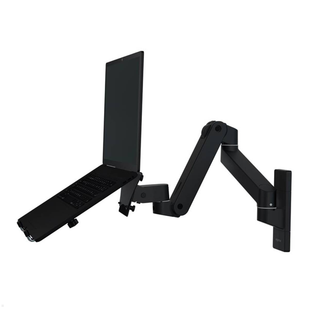 Verstellbarer wandmontierter Monitorarm, der einen Laptop hält und Flexibilität sowie platzsparendes Design für ergonomische Büroeinrichtungen demonstriert.