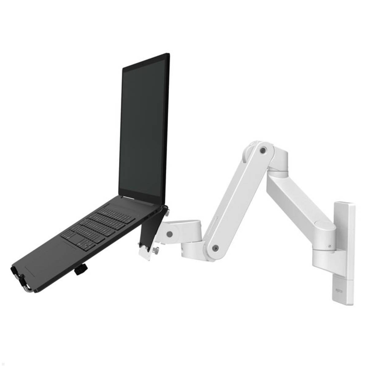 Ein Laptop, der auf einem verstellbaren weißen Wandarm montiert ist, ermöglicht flexible Positionierung.