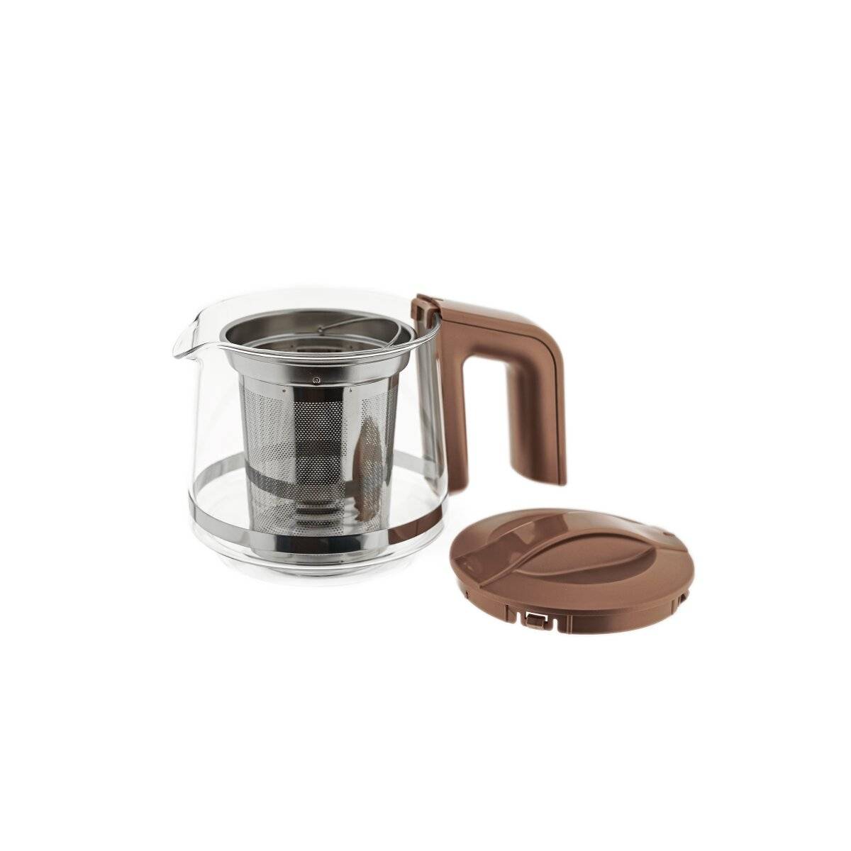 Eine durchsichtige Teekanne mit braunem Griff und Deckel, mit einem Metallsieb im Inneren, auf weißem Hintergrund platziert.