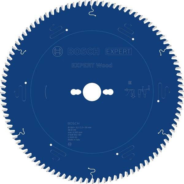 Blaues Bosch Expert Holz-Kreissägeblatt mit vielen Zähnen und zentraler Befestigungslochung.