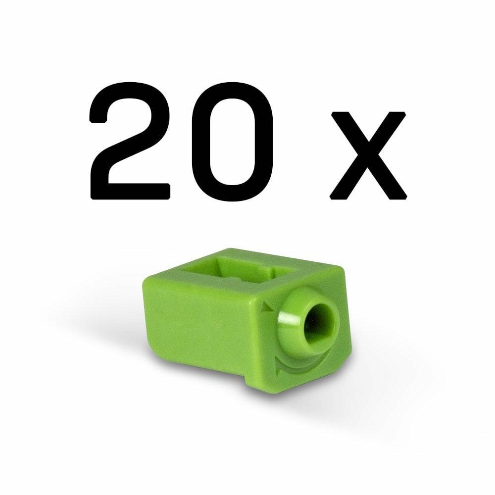 20 x' gefolgt von einem grünen Kunststoffverbindungsstück, das einem kleinen Block mit einem Loch auf einer Seite ähnelt.