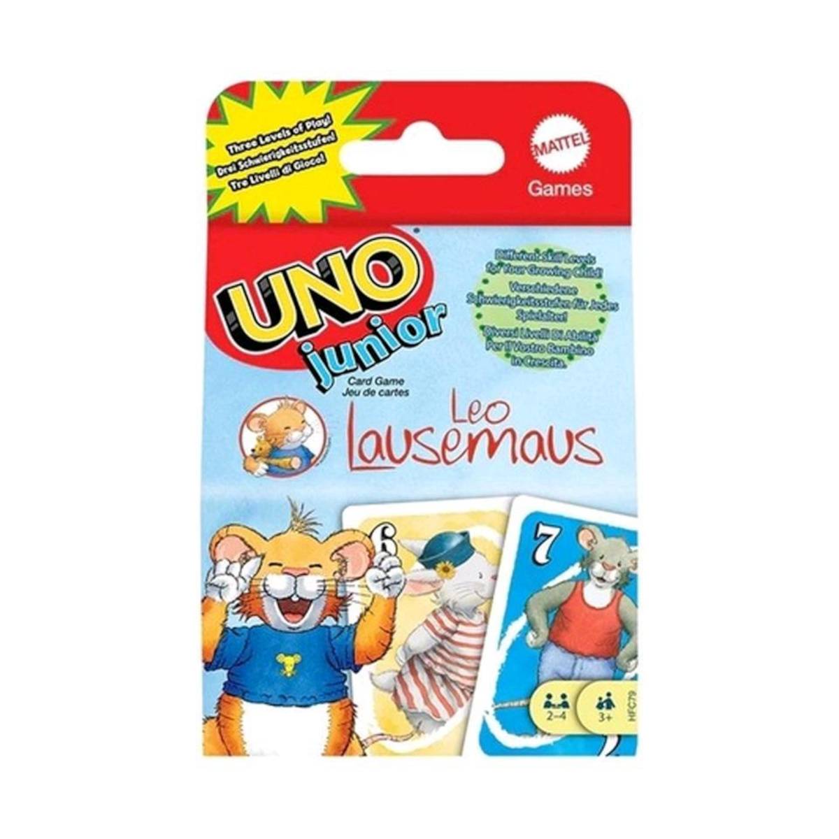 UNO Junior Kartenspiel-Verpackung mit einer Cartoon-Maus, Leo Lausemaus, mit farbenfrohen Karten; gekennzeichnet für Alter 3+ und 2-4 Spieler.