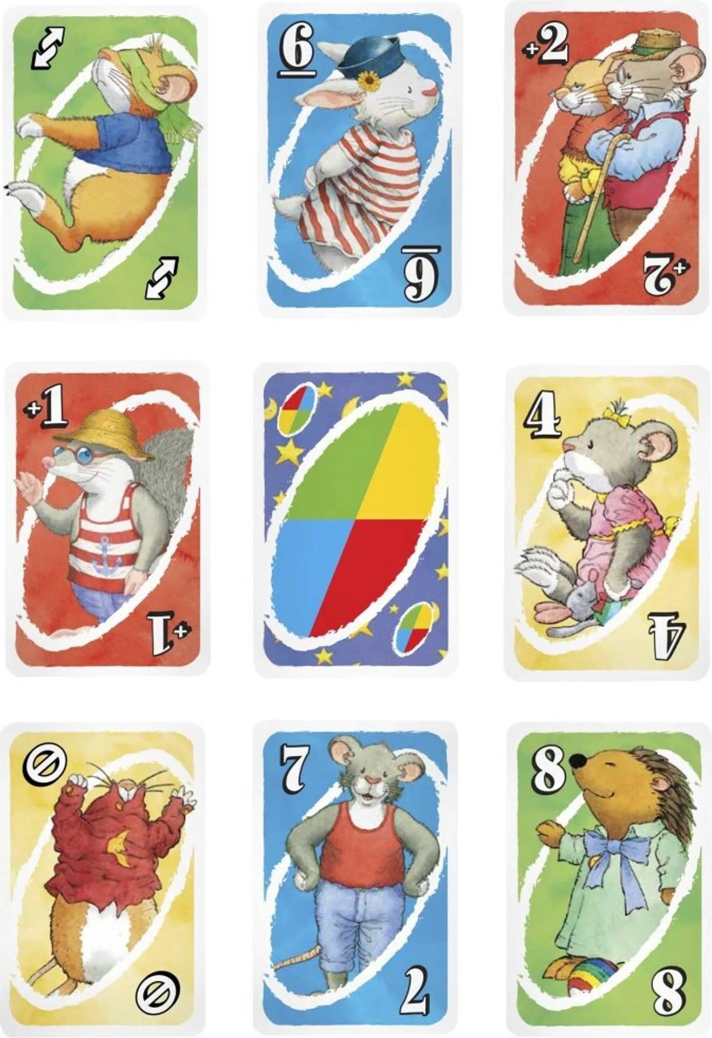 Ein Satz farbenfroher Kartenillustrationen mit verschiedenen Tieren in verspielten Posen, auf denen numerische Werte und Symbole auf jeder Karte zu sehen sind.