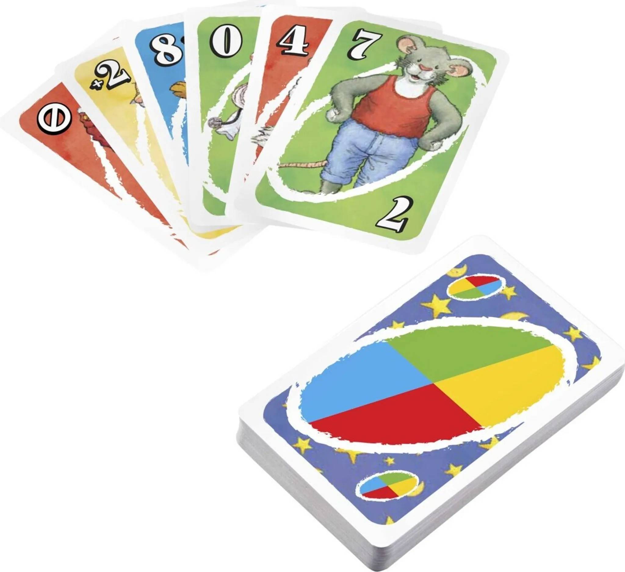 Ein Satz bunter Spielkarten mit Zahlen und Illustrationen. Eine Karte zeigt eine Maus in einem roten Hemd mit der Nummer 2.