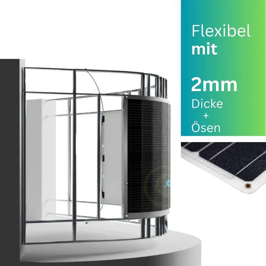 Ein Produktdisplay, das ein flexibles 2 mm dickes Panel mit Ösen zeigt. Das Panel ist an einem Metallrahmen befestigt. Der Text auf dem Bild lautet „Flexibel mit 2mm Dicke + Ösen