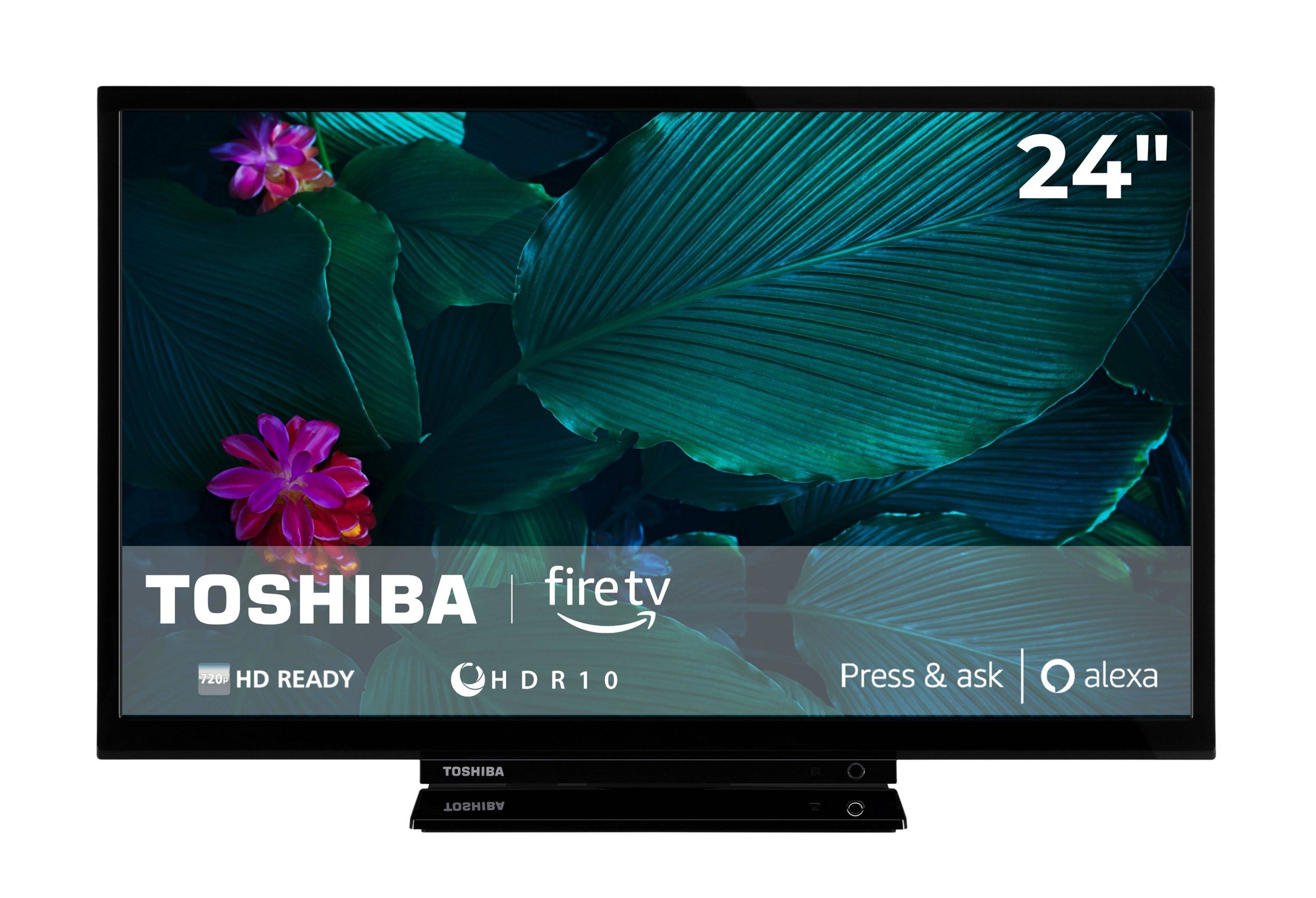 Ein Toshiba-Fernseher zeigt üppig grüne Blätter und violette Blüten an und deutet darauf hin, dass „Fire TV