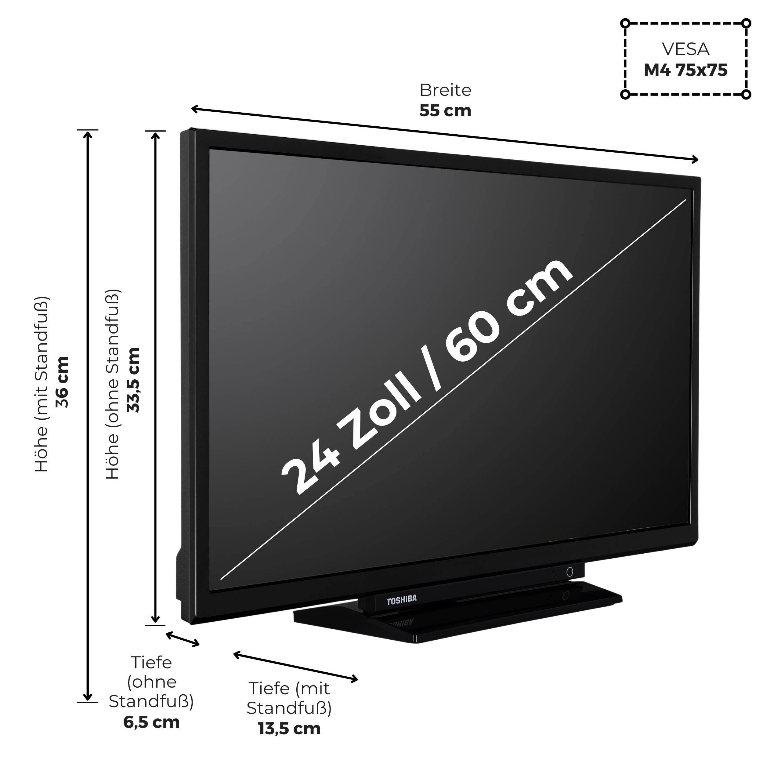 Ein schwarzer 24-Zoll-Toshiba-Fernseher mit den Abmessungen: Breite 55 cm, Höhe 36 cm mit Ständer, Tiefe 13,5 cm mit Ständer. VESA-Halterung M4 75x75.