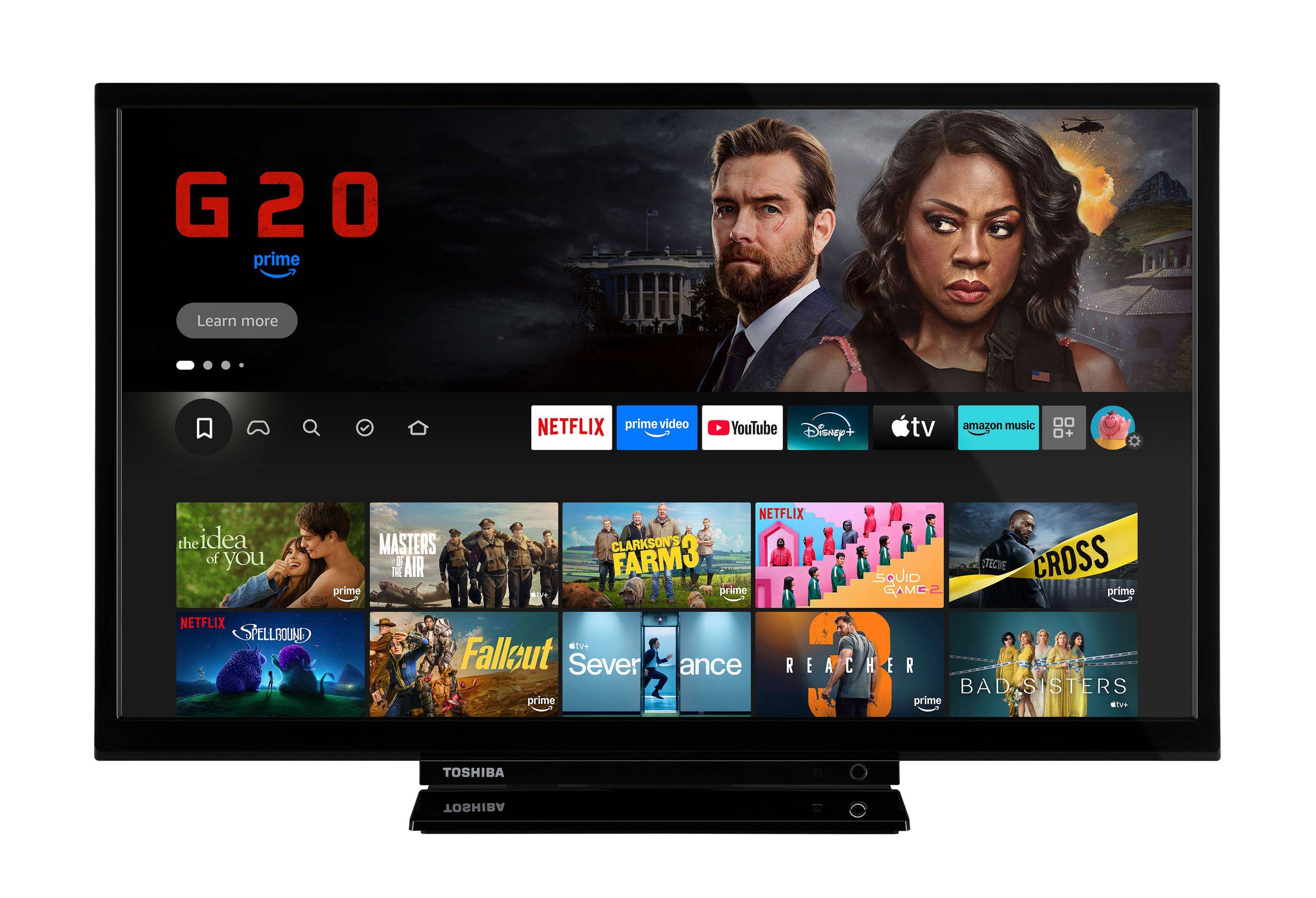 Ein Fernsehbildschirm zeigt verschiedene Streaming-Optionen an, darunter Netflix, Prime Video, YouTube, Disney+, Apple TV und Amazon Music.