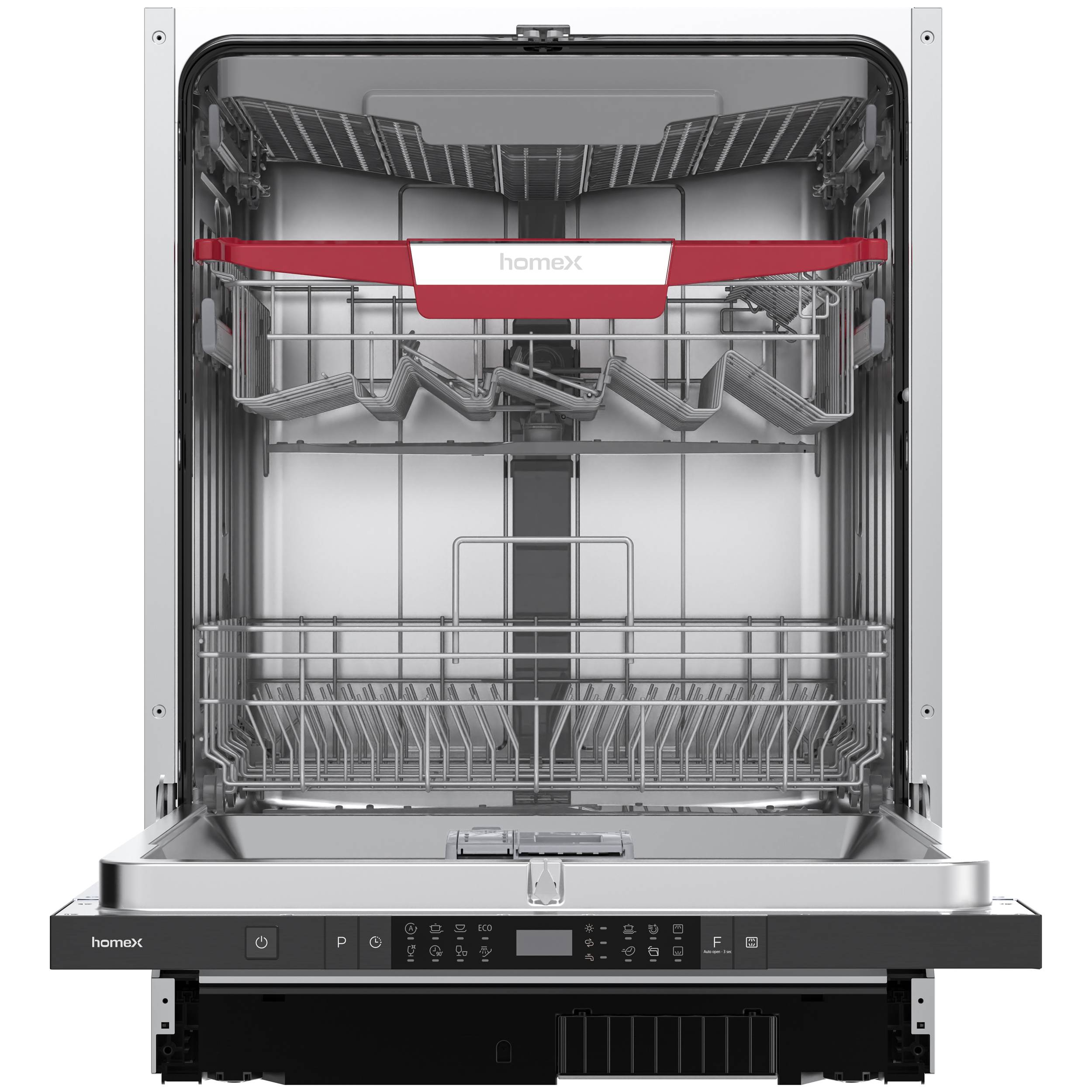 Vorderansicht einer offenen, leeren Spülmaschine mit Blick auf die inneren Körbe und die Steuerelemente an der Tür. Markentext 'hamex' ist im Inneren sichtbar.