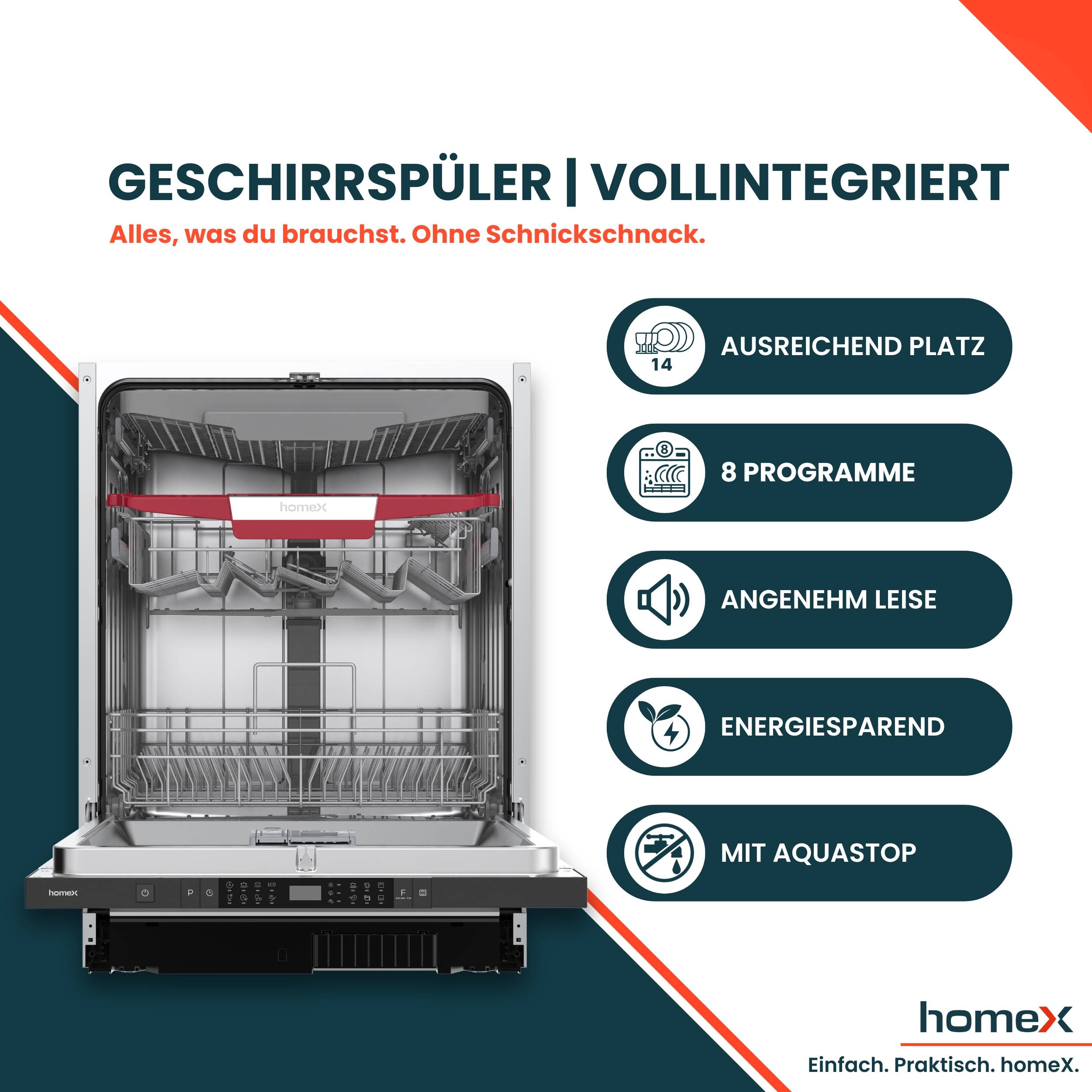 Ein offener integrierter Geschirrspüler mit fünf hervorgehobenen Merkmalen: großzügiger Platz, 8 Programme, leiser Betrieb, energiesparend und Aquastop.