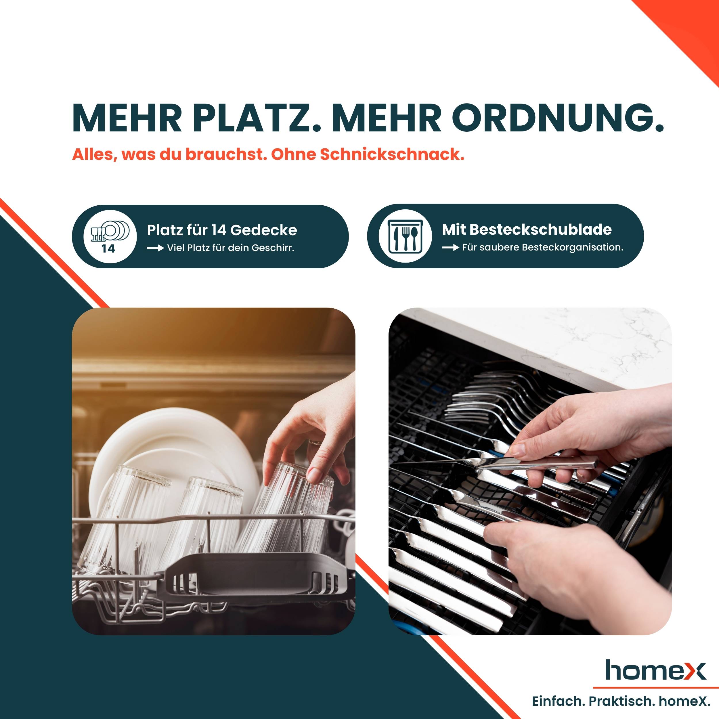 Das Bild zeigt eine offene Spülmaschine mit Geschirr und eine offene Besteckschublade, die Platz für 14 Gedeck und organisiertes Besteck hervorheben.