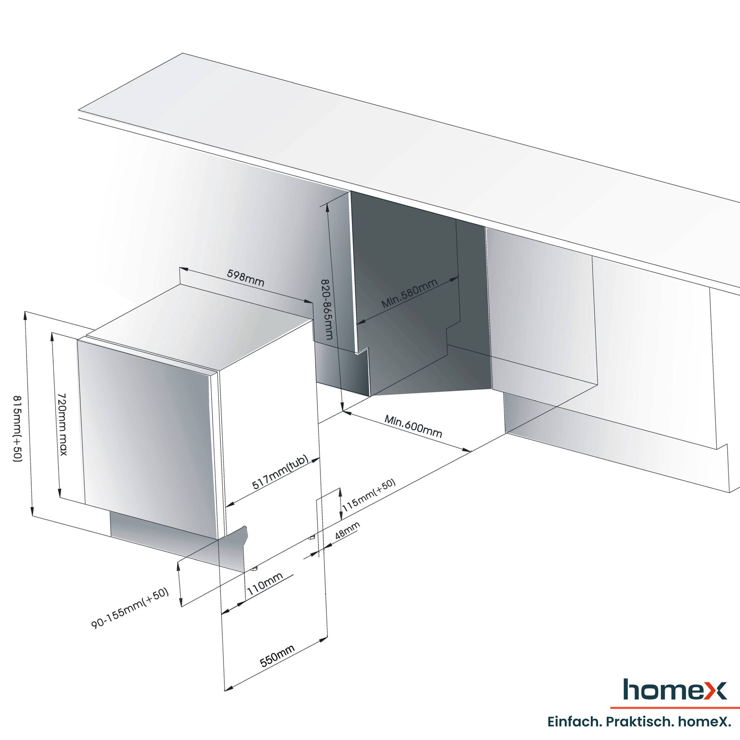 Diagramm einer Küchenoberbauestruktur mit Abmessungen: Breite 598mm, Tiefe 600mm, Höhe 720mm. Beinhaltet Platz für ein Gerät.