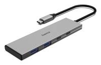 Ein schlanker USB-C-Hub mit einem kurzen Kabel, der mehrere Anschlüsse einschließlich USB 3.0 und HDMI bietet und zum Verbinden verschiedener Geräte konzipiert ist.