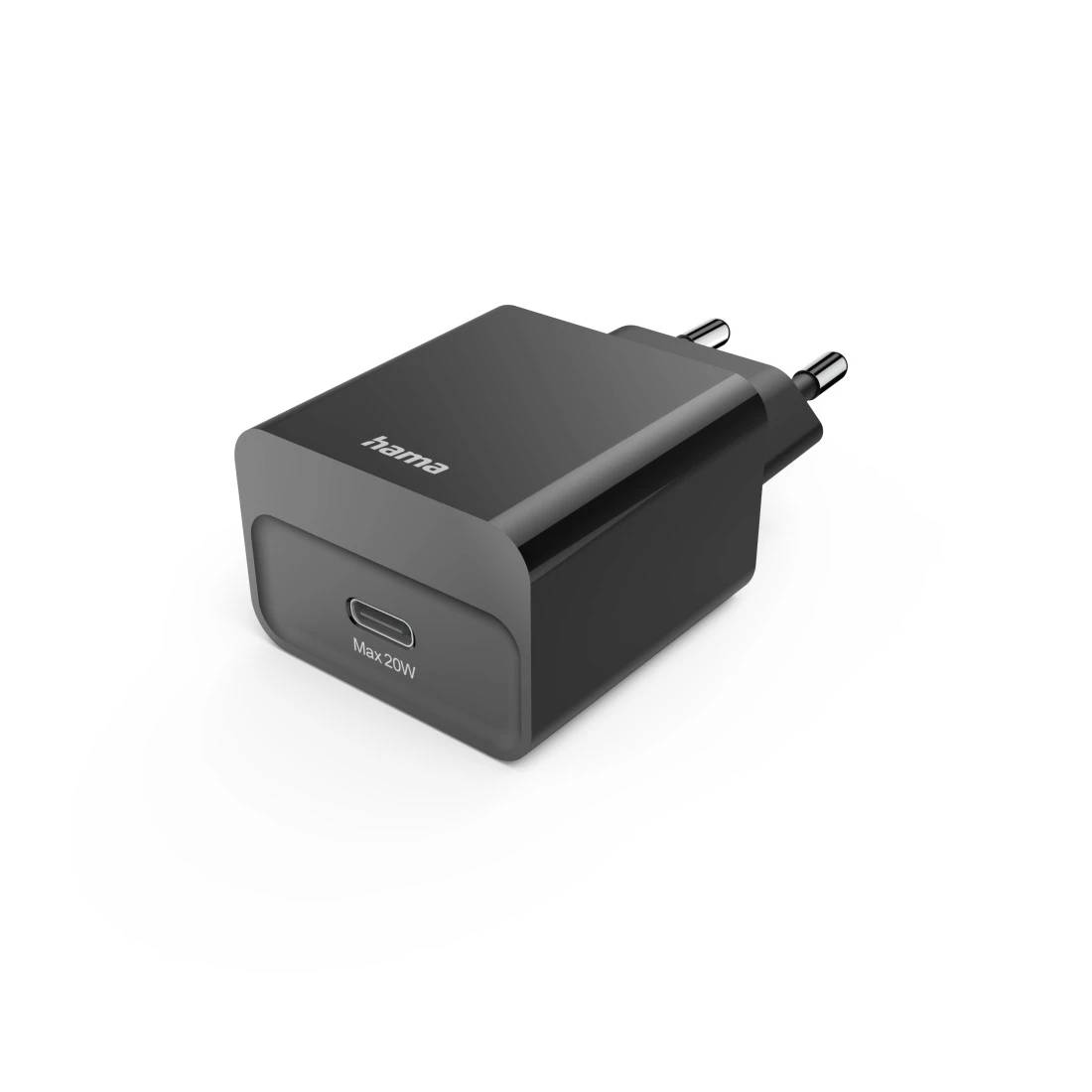 Schwarzes Hama USB-C Wandladegerät mit zwei runden europäischen Stiftanschlüssen und einem vorderen USB-C-Anschluss mit der Beschriftung „Max 20W