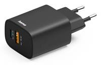 Ein schwarzes USB-Wandladegerät mit einem USB-C-Anschluss und einem sichtbaren Markennamen an der Seite. Über ein Kabel in eine Steckdose eingesteckt.