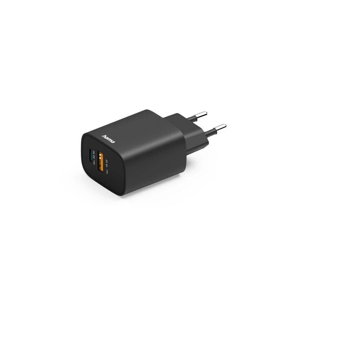 Schwarzes USB-Wandladegerät mit europäischem Zweipolstecker und USB-A-Anschluss