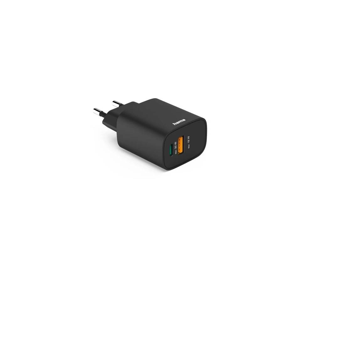 Schwarzes USB-Wandladegerät mit zwei Stiften und zwei vorderen Anschlüssen, wahrscheinlich USB-C und USB-A, auf weißem Hintergrund dargestellt.