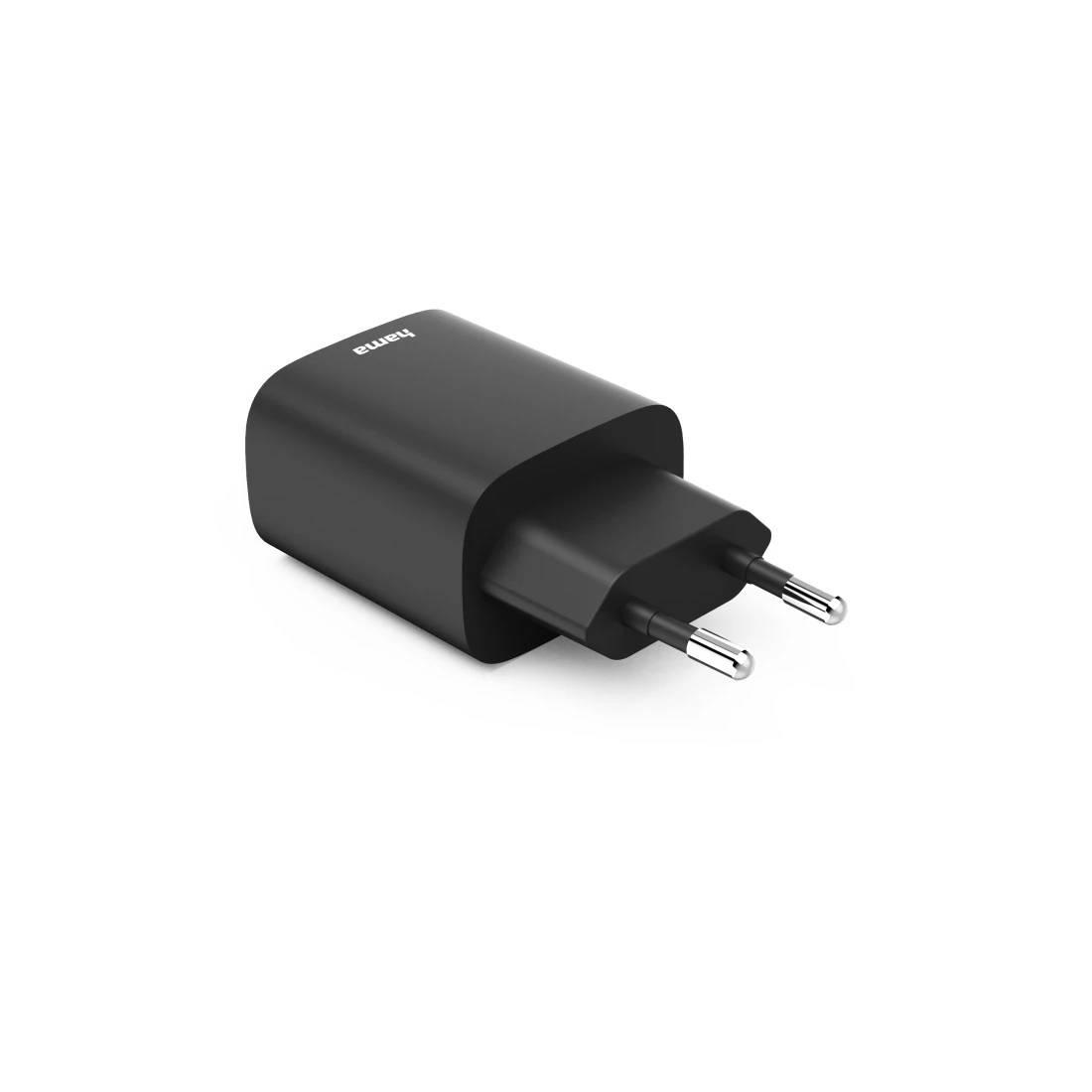 Schwarzes Zwei-Stift-Wandladegerät mit kompaktem USB-Stromadapter-Gehäuse auf weißem Hintergrund.