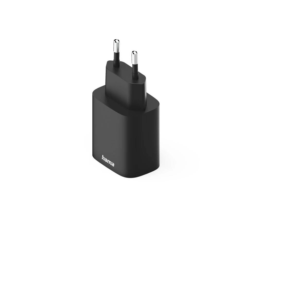 Schwarzer Hama-Steckdosenadapter mit zwei runden Stiften auf weißem Hintergrund.