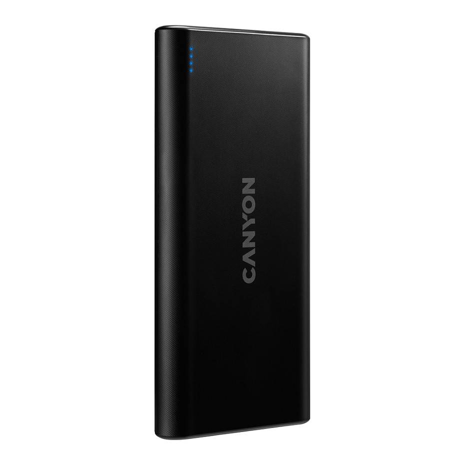 Eine schlanke schwarze Powerbank mit dem Markennamen „Canyon