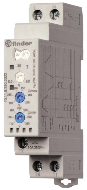 Eine Nahaufnahme eines elektrischen Geräts, das Spannungseinstellungen mit Beschriftungen (Umax, Umin) und ein Diagramm mit Spannungsgrenzen und Einstellungen zeigt.