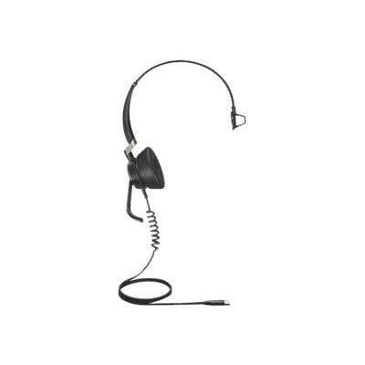 Einfaches schwarzes Kopfhörer-Set mit Kabel, gekrümmtem Kopfbügel und verstellbarem Mikrofon. Es verfügt über ein Spiralkabel und eine Standard-Audiobuchse.